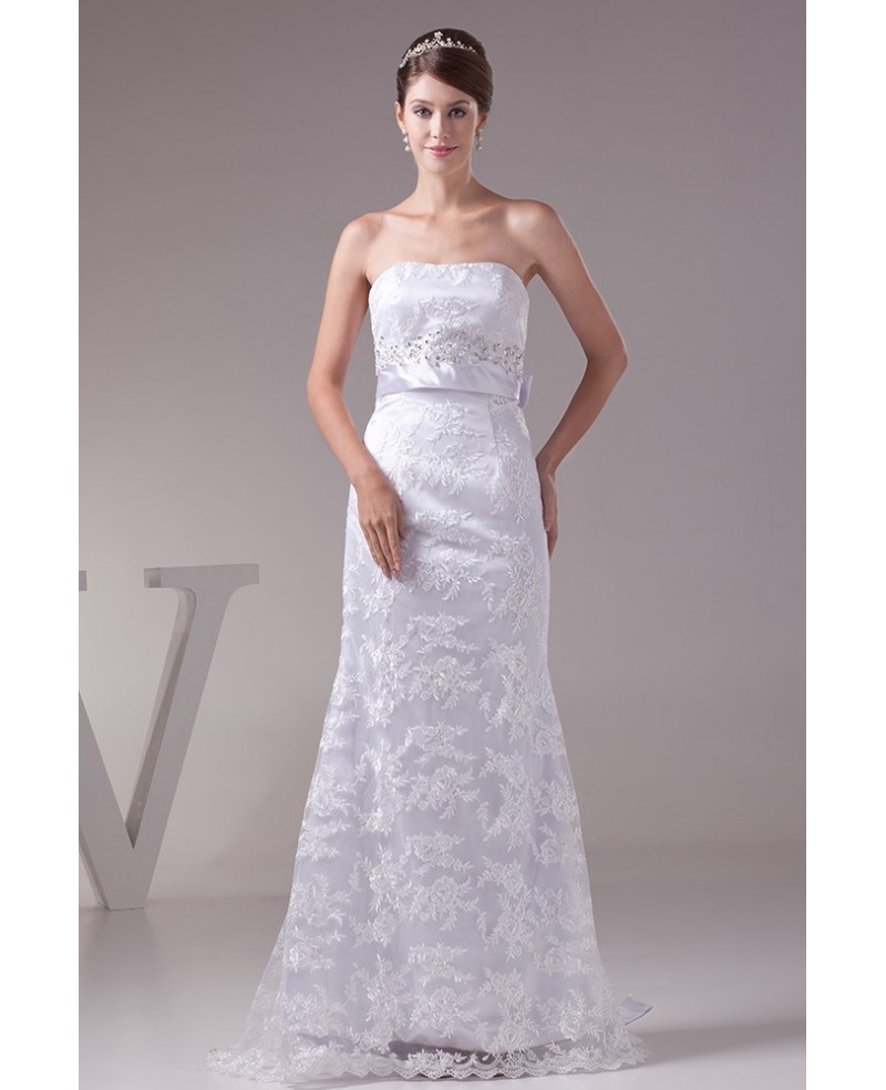 Strapless White Lace Satin Wedding Dress with Long Sash