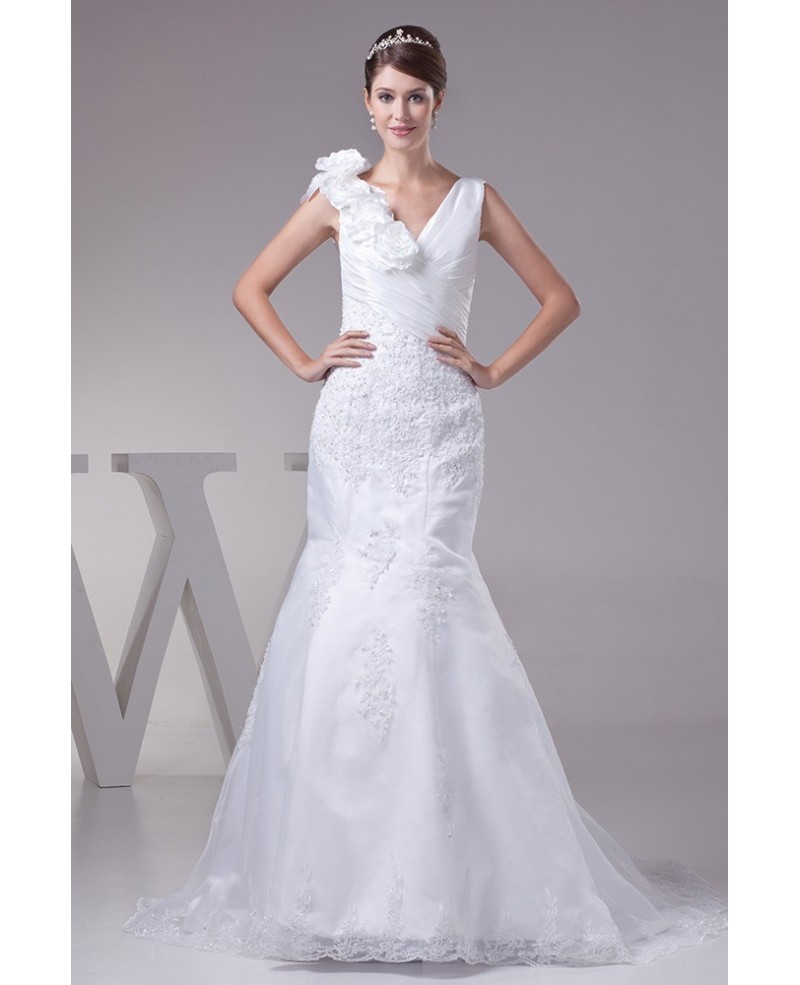 Elegant Floral Shoulder Lace Taffeta Mermaid Wedding Dress