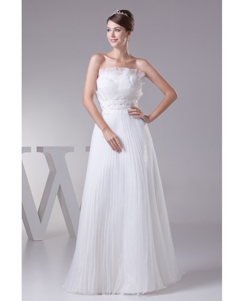Pleated Strapless Organza Floor Length Wedding Dress