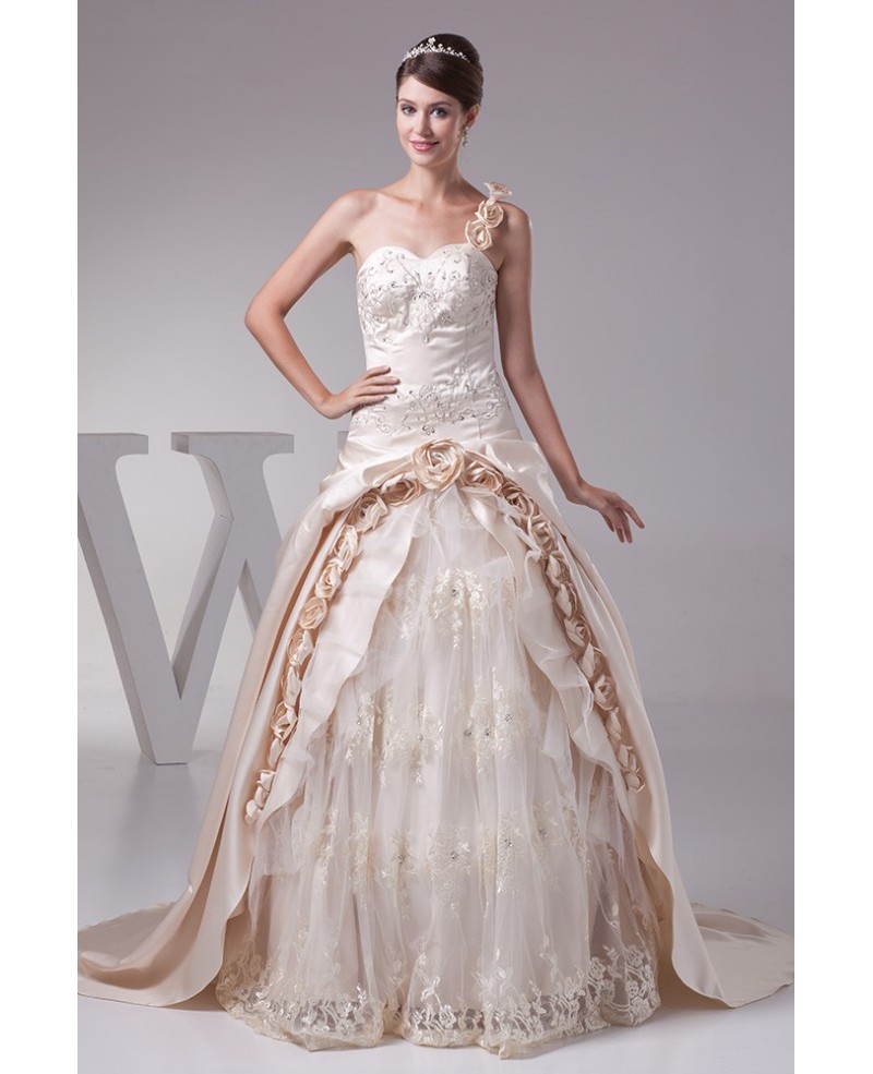 Beautiful One Shoulder Flowers Champagne Color Wedding Dress