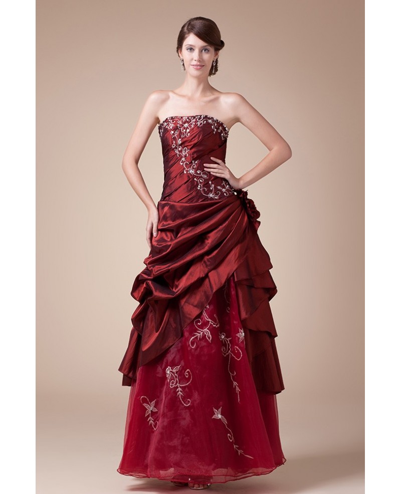 Burgundy Strapless Embroidered Pleated Ankle Length Wedding Dress