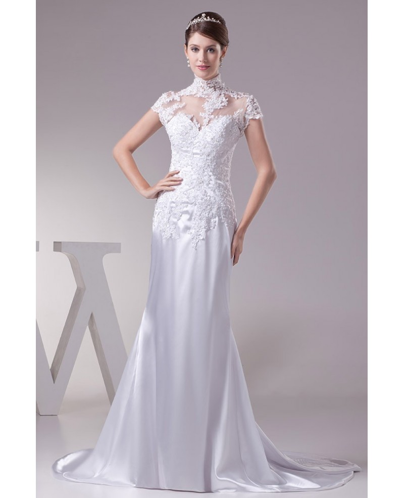 Long Halter Lace Cap Sleeves Sleek Satin Mermaid Wedding Dress