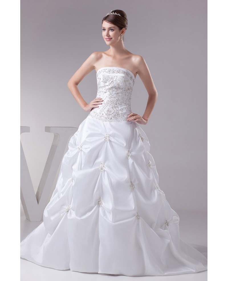 Strapless Embroidered White Taffeta Pickups Wedding Dress Custom