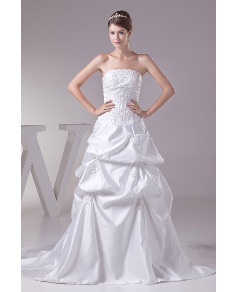 Strapless Lace Taffeta Long Train Wedding Dress