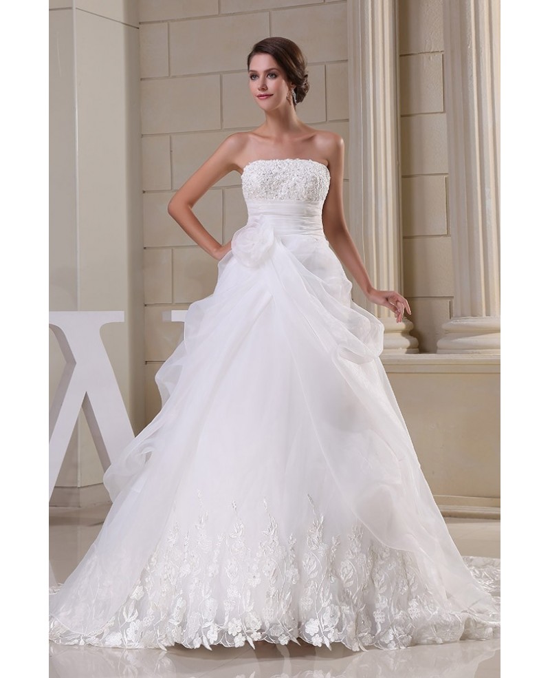 Strapless Unique Lace Organza Wedding Gown with Train