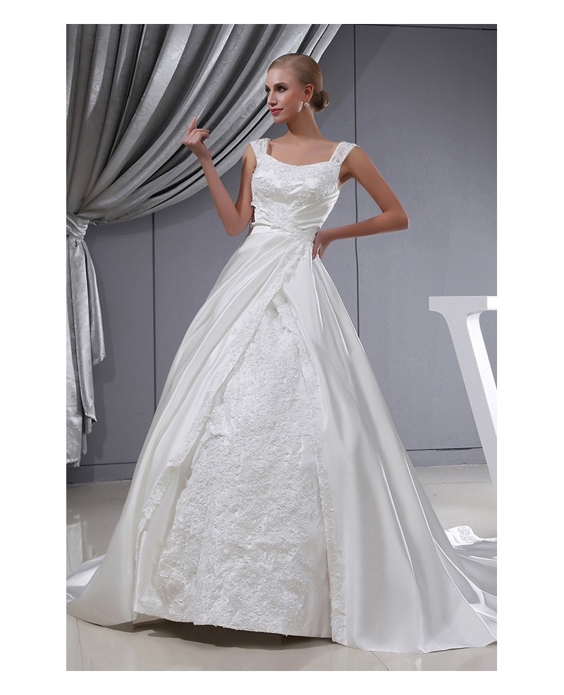 Ivory Satin Beaded Lace Ballgown Wedding Dress with Straps - Click Image to Close