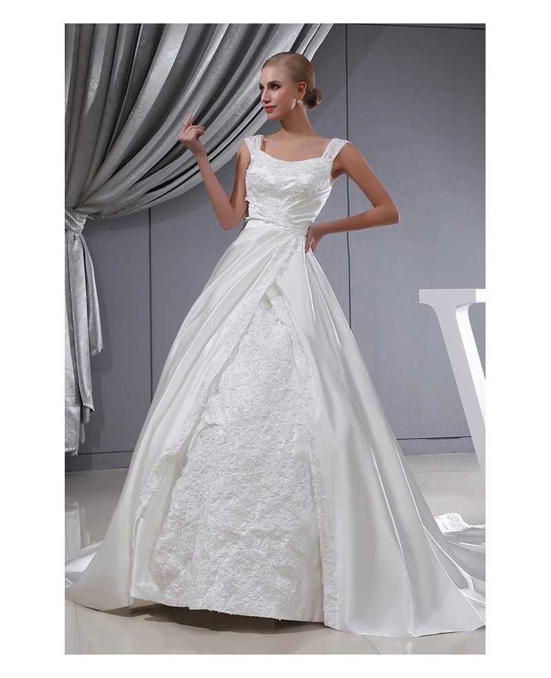 Ivory Satin Beaded Lace Ballgown Wedding Dress with Straps