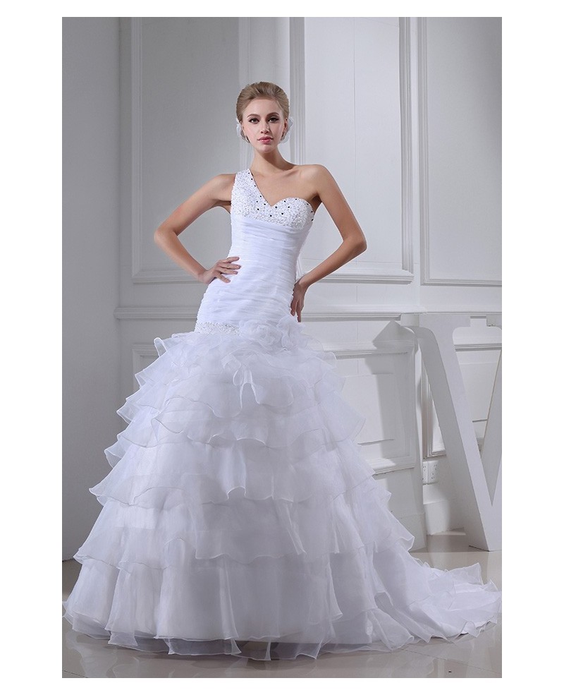 White Fitted Organza One Shoulder Ruffles Wedding Dress