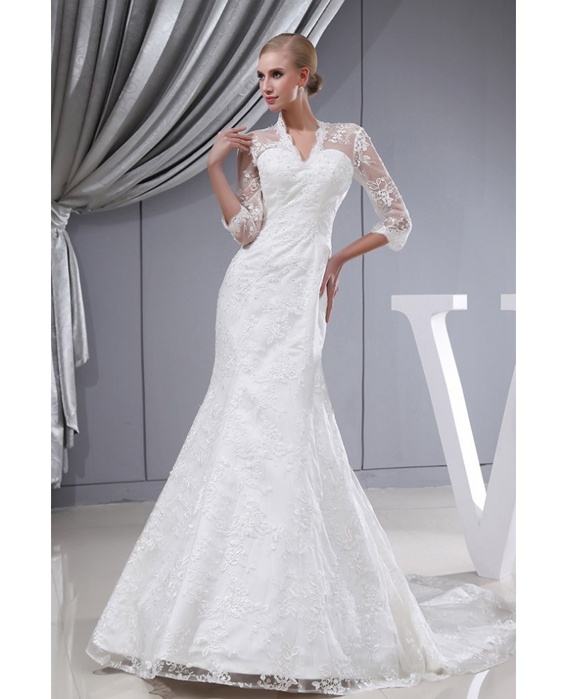 3/4 Lace Sleeves Fitted Mermaid Long Wedding Dress Corset Back - Click Image to Close