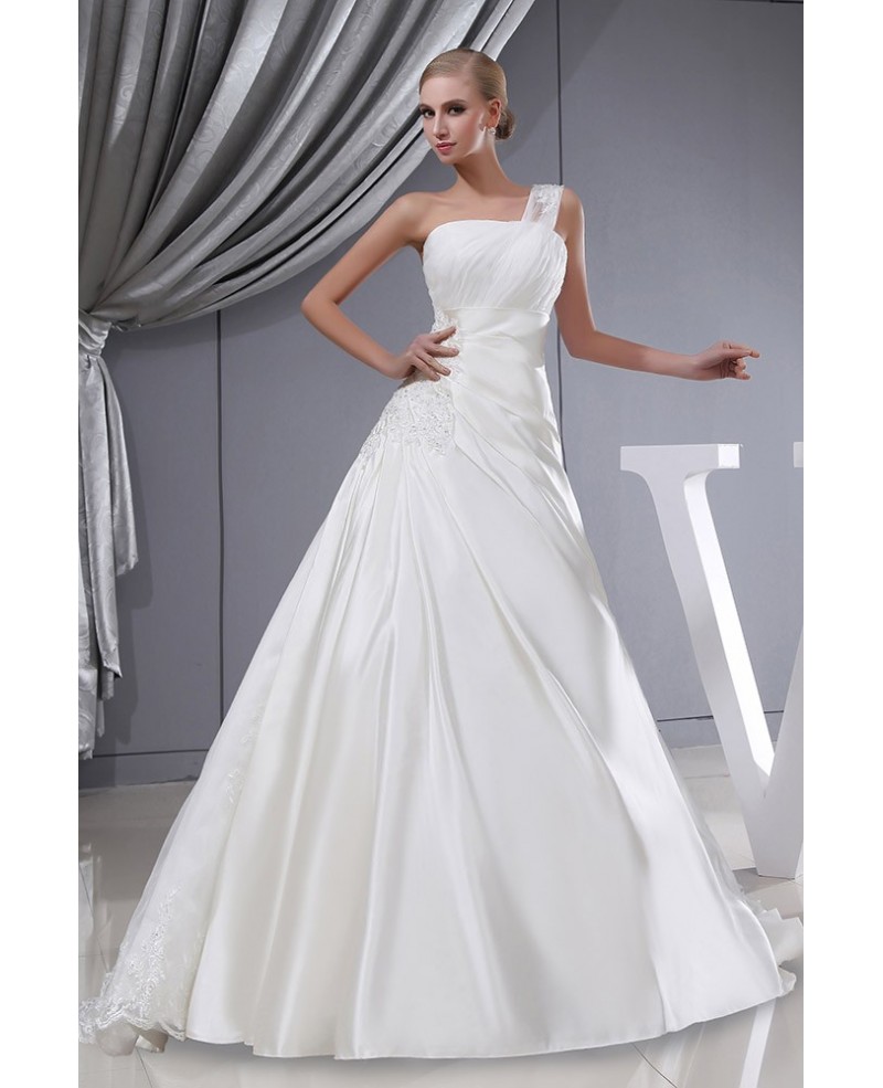 One Strap Lace Satin Pleated Wedding Dress with Corset