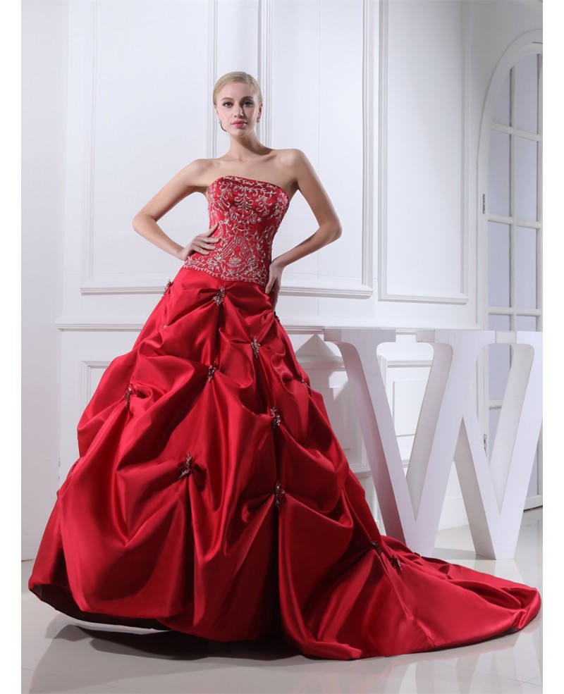 Red Strapless Embroidery Pickups Color Wedding Dress