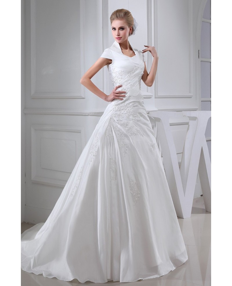 High Neck Taffeta Cap Sleeved Lace Wedding Dress - Click Image to Close