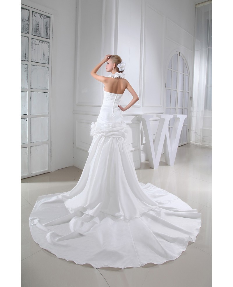 Floral Long Halter Pleated Long Train Wedding Gown