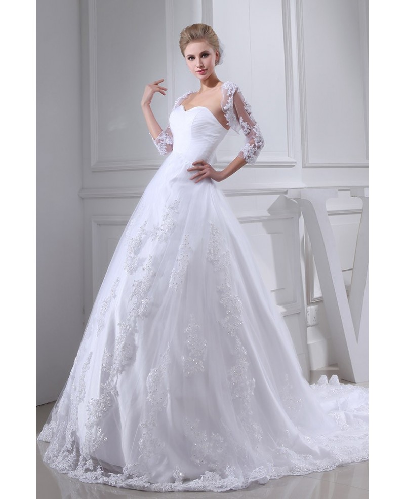 White Lace Tulle Sweetheart Wedding Dress Lace Jacket - Click Image to Close