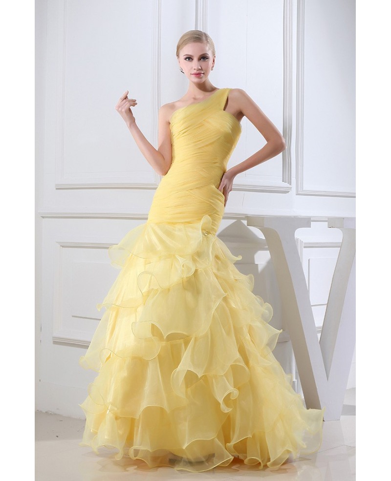 Gold Colored Organza One Shoulder Ruffle Formal Dress