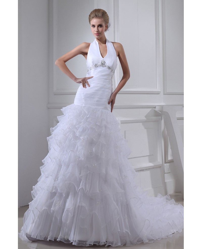 Long Halter Fitted Cascading Ruffles Backless Wedding Dress