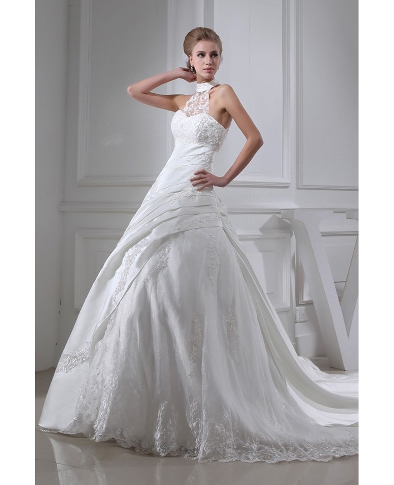 Lace Long Halter Pleated Ballgown Wedding Dress - Click Image to Close