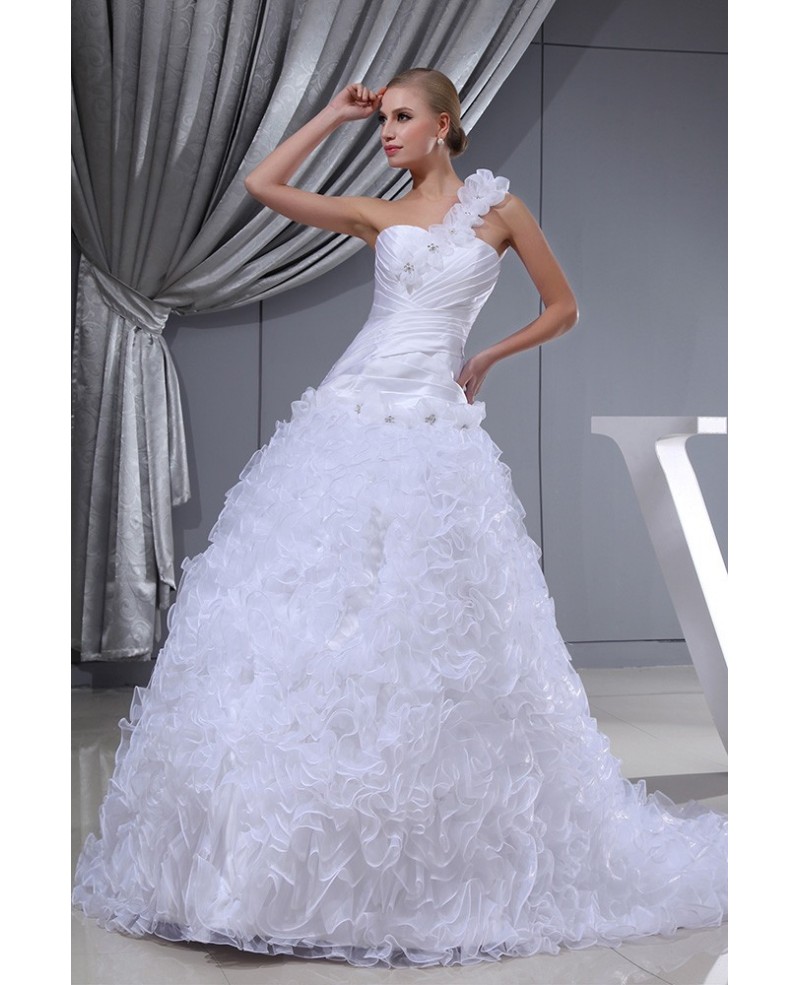 One Shoulder Floral White Custom Wedding Dress