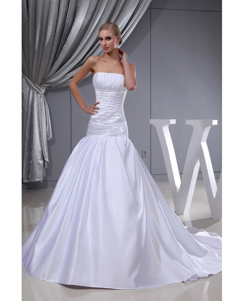 Pleated White Satin Long Mermaid Wedding Dress Strapless