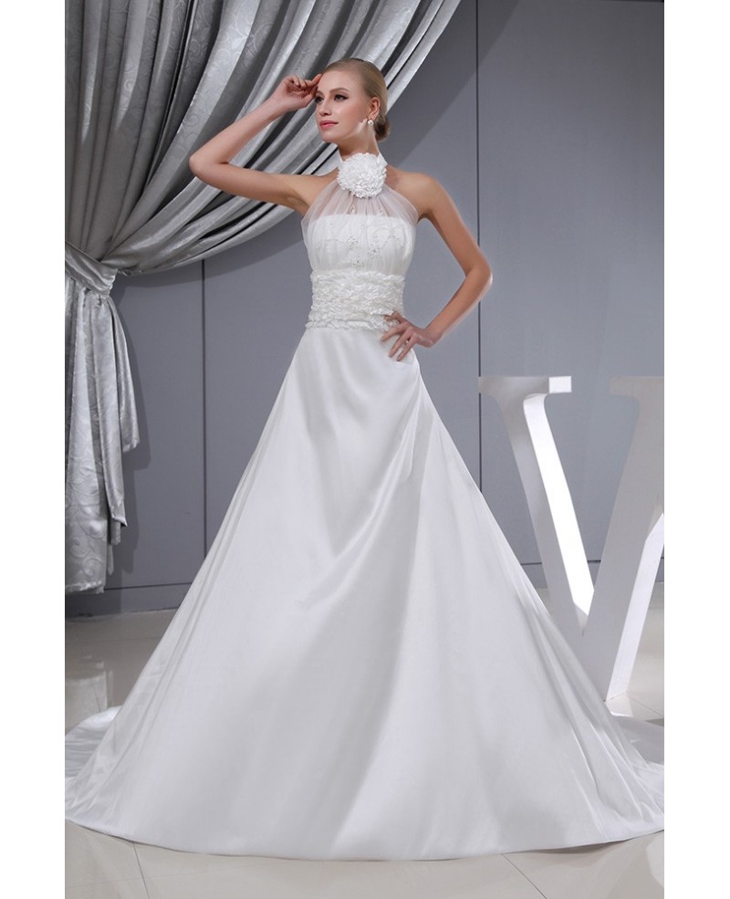 Floral Long Halter Aline Satin with Tulle Wedding Dress