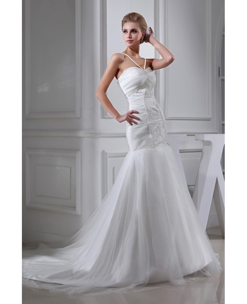 Spaghetti Straps Mermaid Long Tulle Wedding Dress with Train