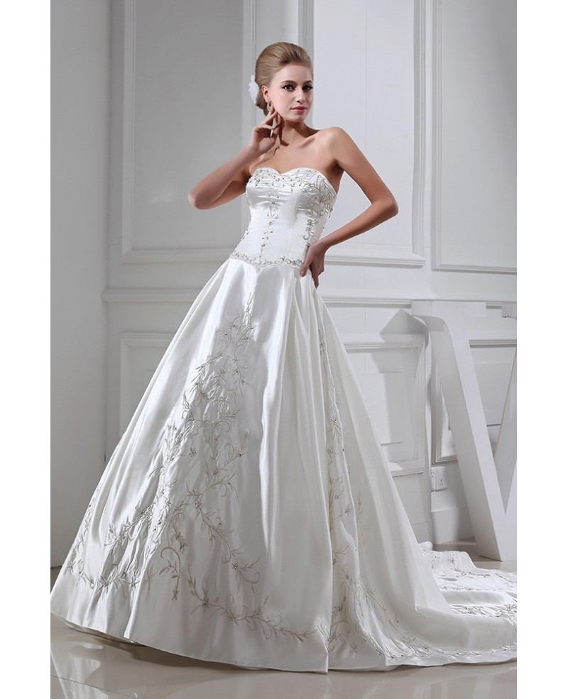 Embroidered Sweetheart Ivory Satin Wedding Gown