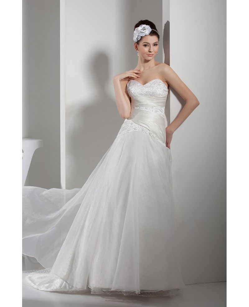 Satin with Organza Sequins Long Wedding Dress Sweetheart