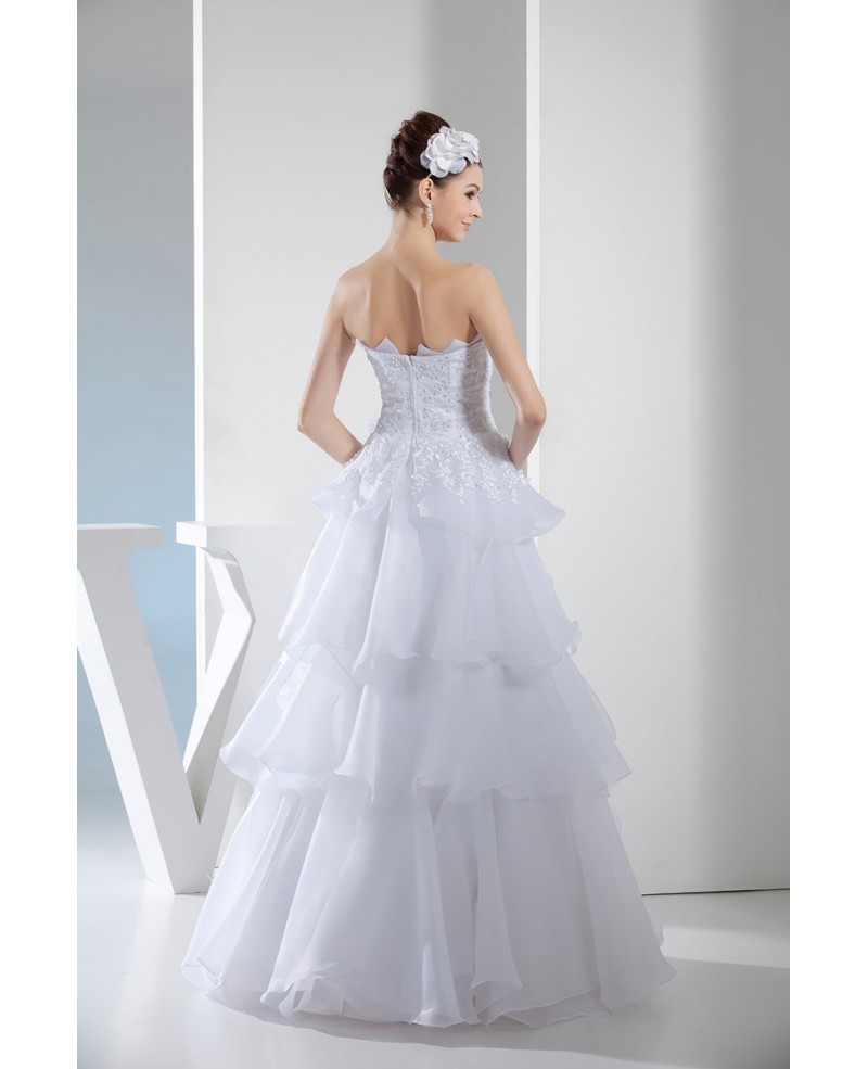 Serrated Neckline White Organza Embroidery Layered Wedding Dress