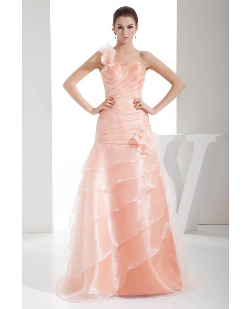 Pink Organza One Floral Strap Pleated Wedding Dress - Click Image to Close