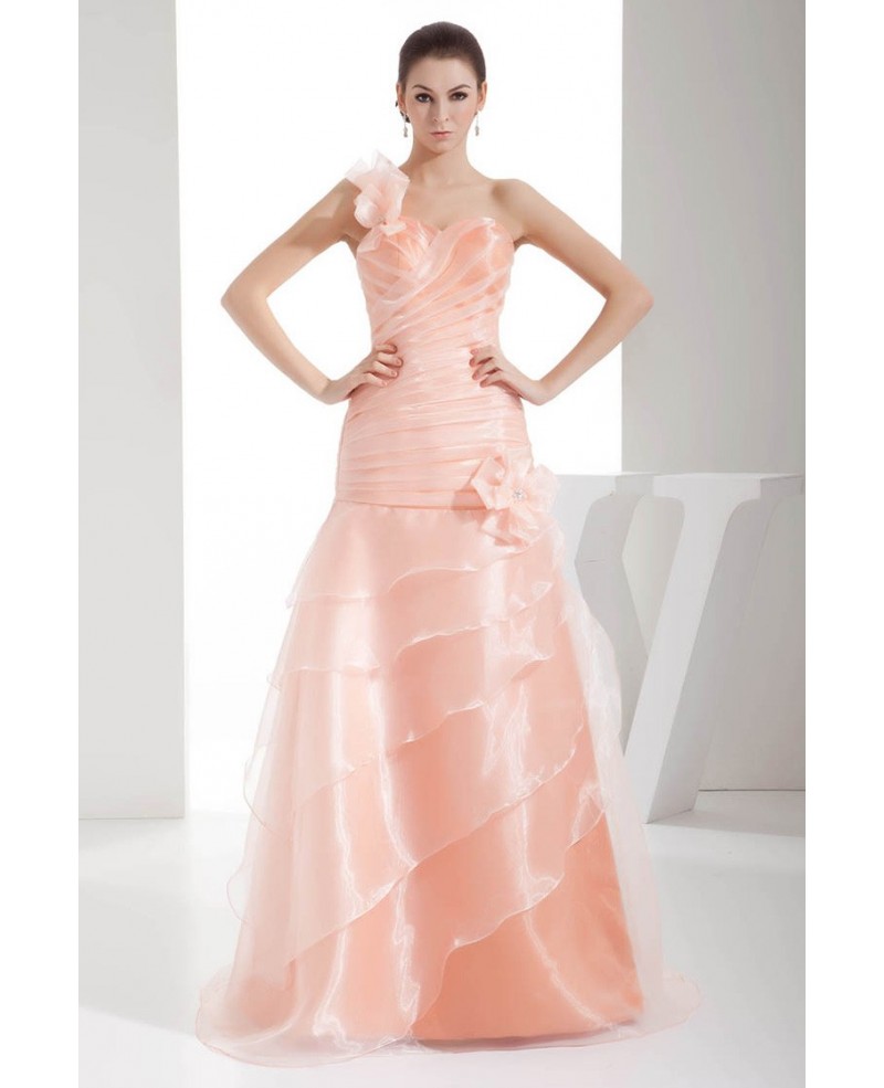 Pink Organza One Floral Strap Pleated Wedding Dress