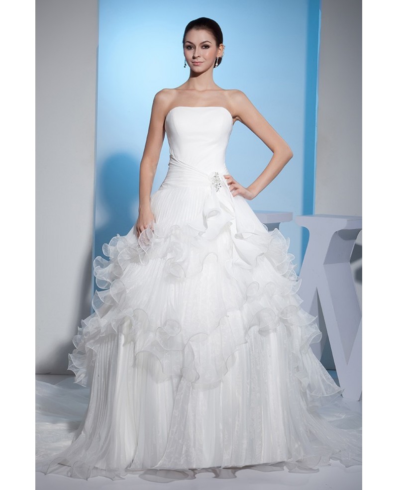 Strapless Cascading Ruffles Long Train Wedding Dress - Click Image to Close