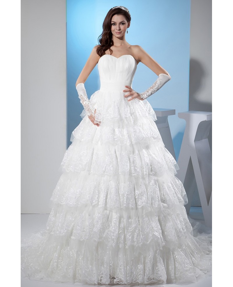 Beautiful Sweetheart Lace Tiered Ballgown Wedding Dress - Click Image to Close