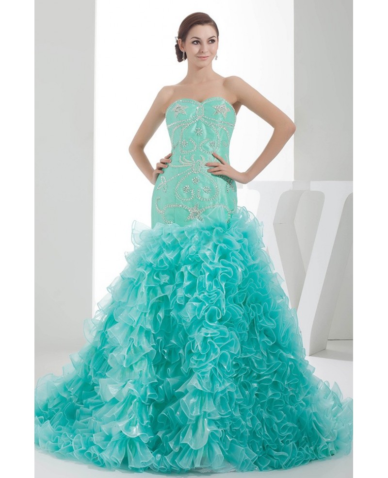 Jade Sequined Sweetheart Cascading Ruffles Color Wedding Dress with Beading