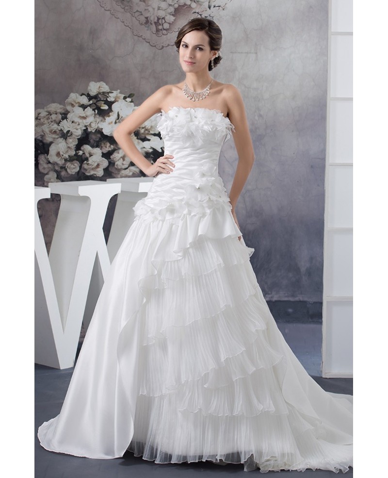 Floral Strapless Pleated White Satin and Organza Wedding Dress with Train