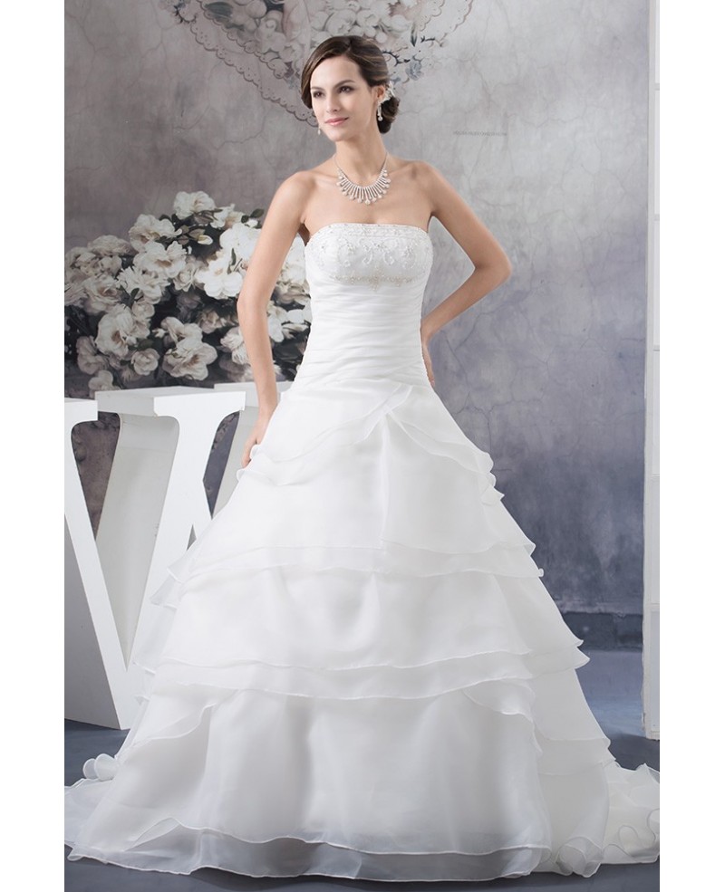 Strapless Ball Gown Beaded Tiered Organza Wedding Dress with Beading