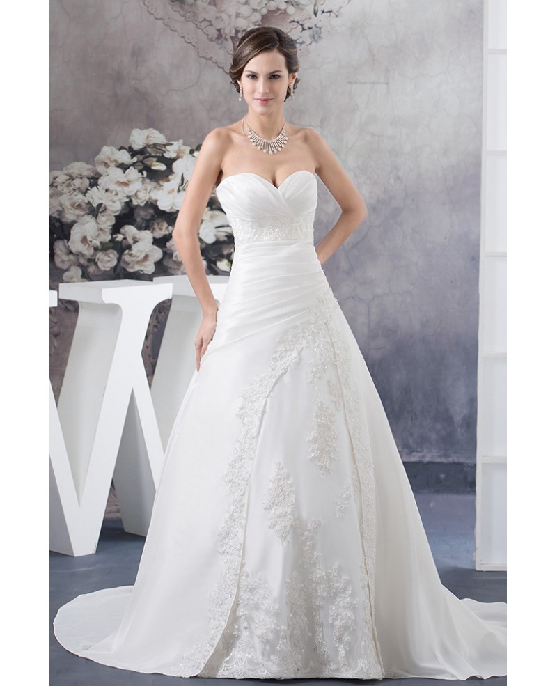 Beaded Lace Sweetheart Long Taffeta Wedding Dress with Train