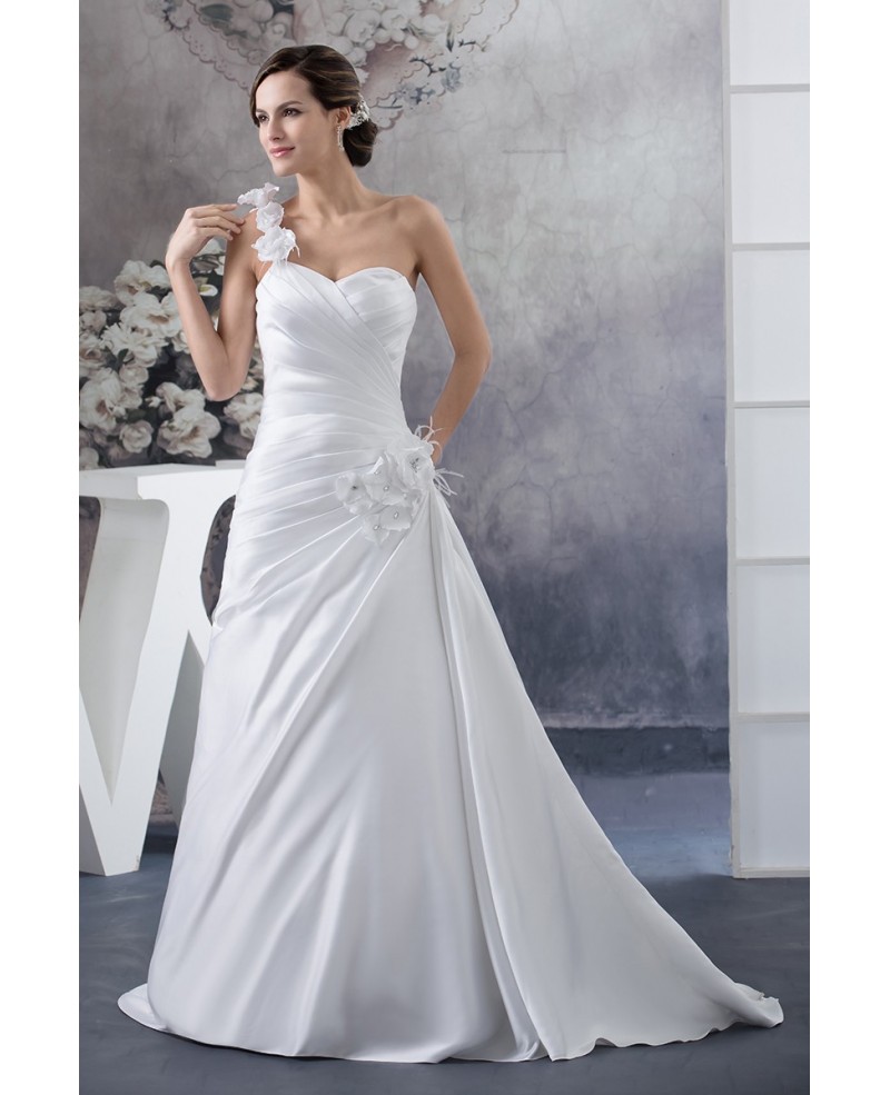 Pleated Satin One Floral Strap Beach Wedding Dress