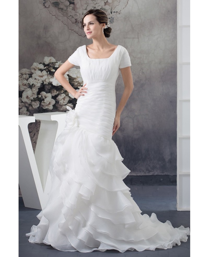 Modest Square Neckline Short Sleeves Pleated Mature Wedding Dress