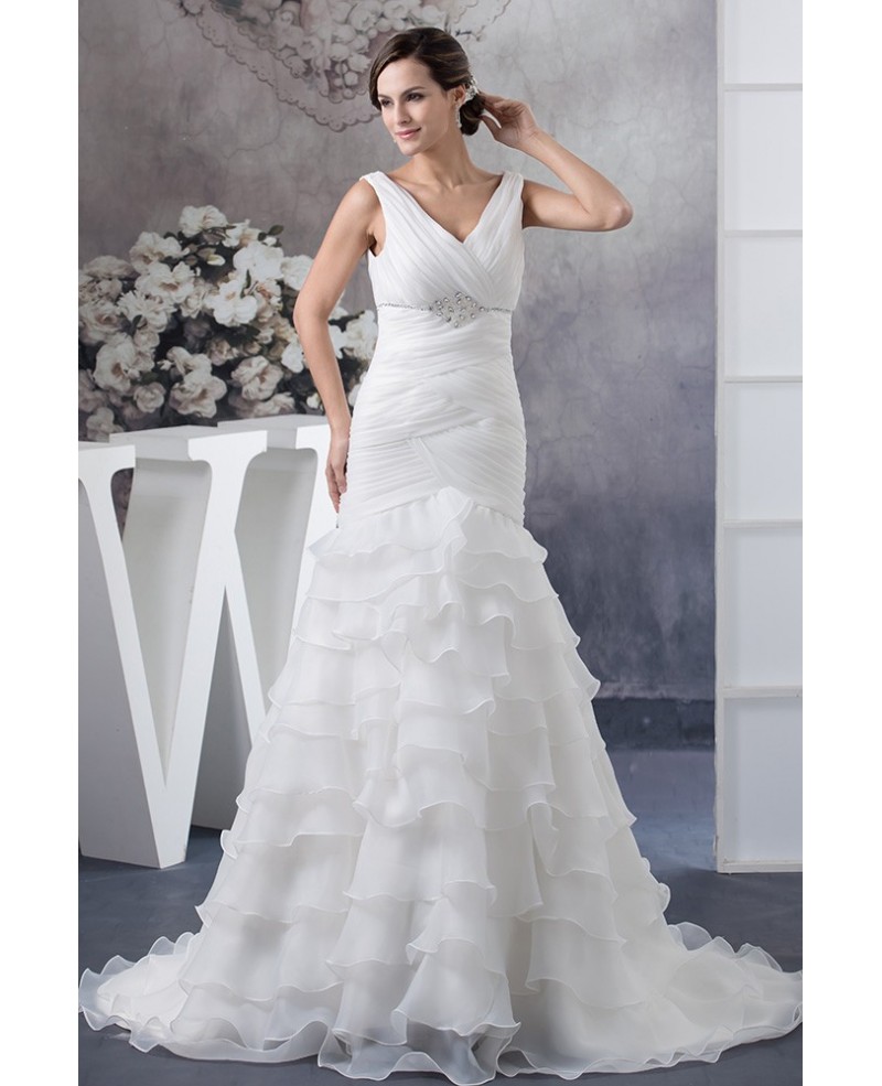 Pleated Crossed V-neck Organza Cascading Ruffles Mermaid Wedding Dress