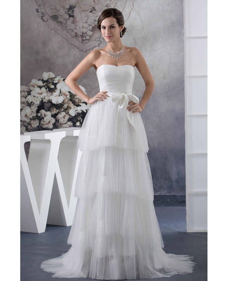 Elegant Tiered All Tulle Strapless White Wedding Dress with Sash - Click Image to Close