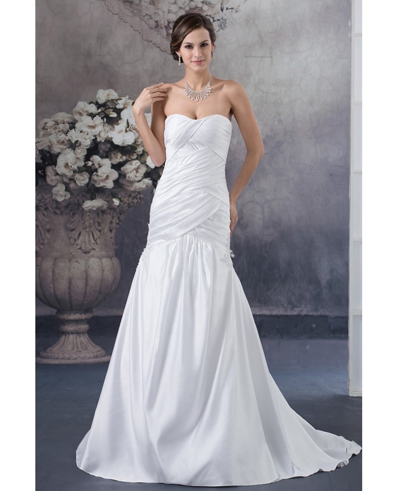 White Satin Cross Pleated Long Mermaid Wedding Dress Strapless - Click Image to Close