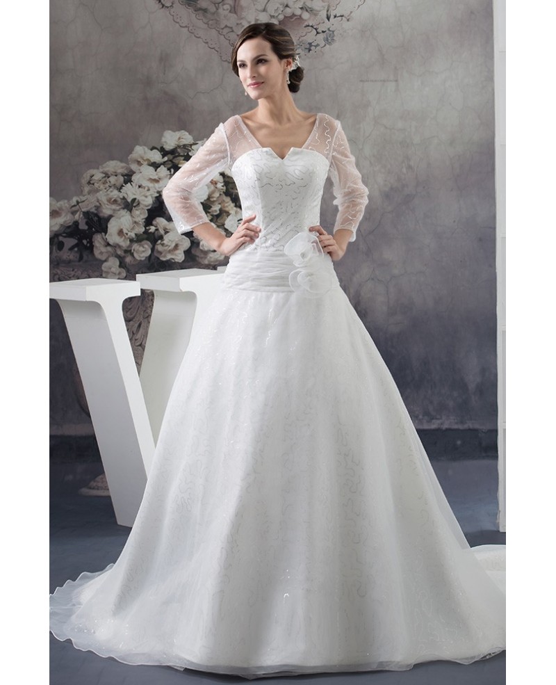 Sequined Three Quarter Sleeves Organza Ballgown Wedding Dress - Click Image to Close