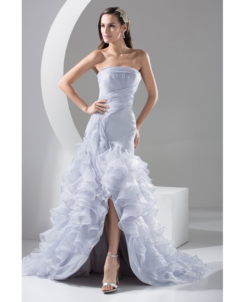 Strapless Grey Organza Cascading Ruffles Split Front Formal Dress - Click Image to Close