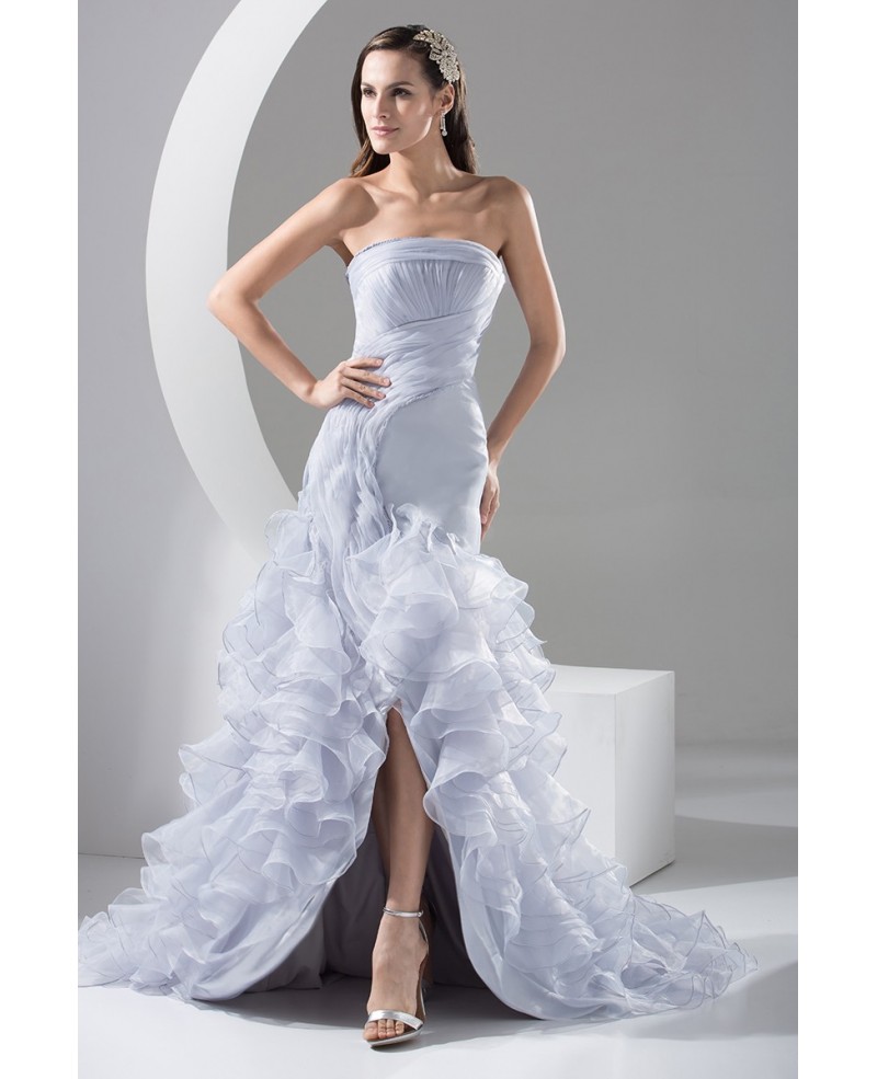 Strapless Grey Organza Cascading Ruffles Split Front Formal Dress