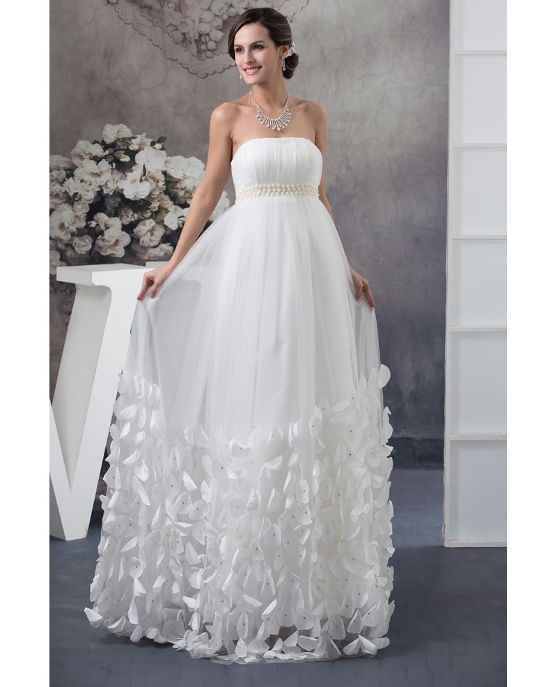Strapless Beaded Pearls Tulle Maternity Wedding Dress with Petals