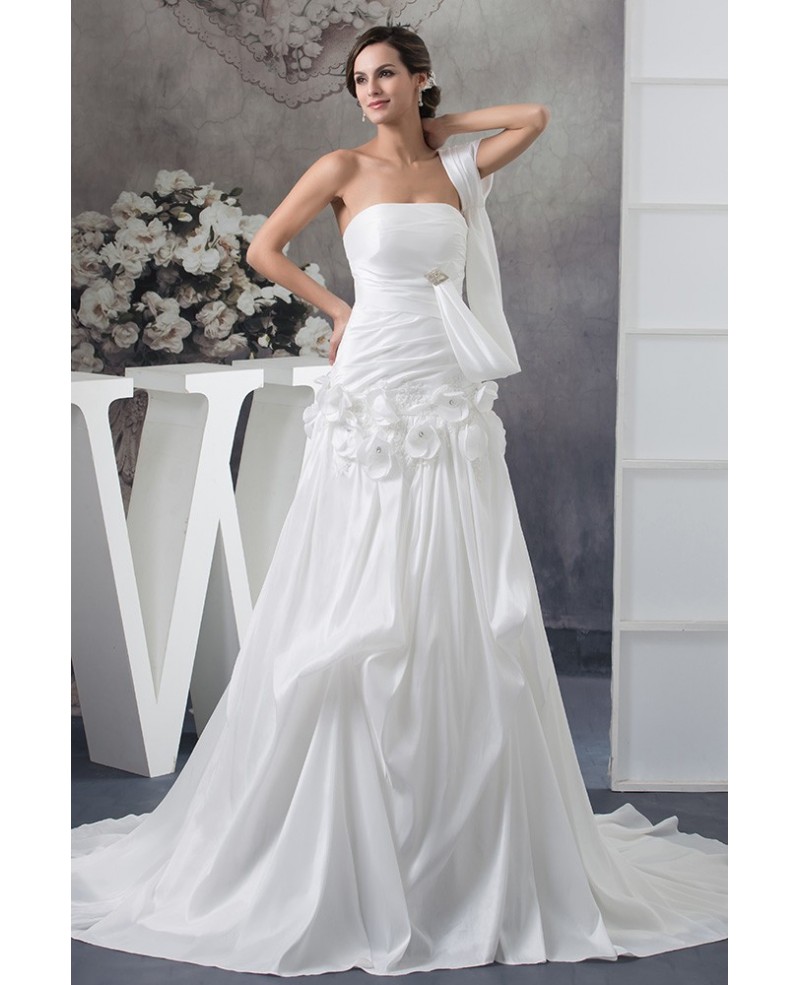 Special White Satin One Sleeve Grecian Long Train Wedding Dress withFlowers - Click Image to Close