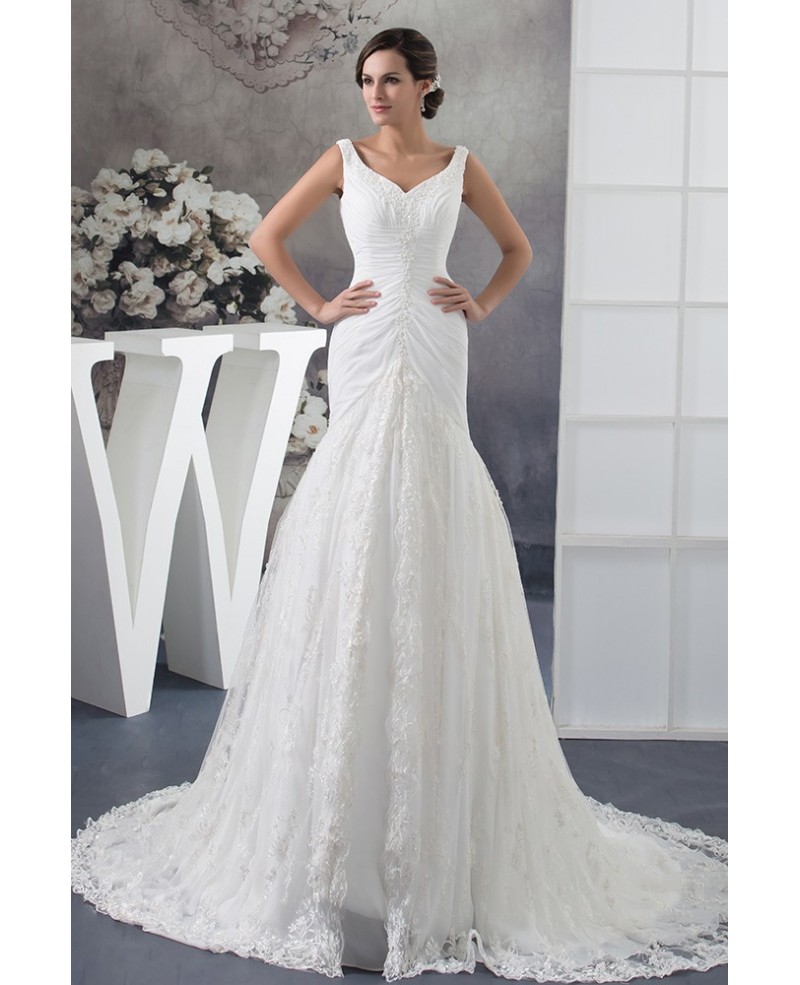 Custom Lace Mermaid Long Fitted Wedding Dress with Pleated Beading - Click Image to Close