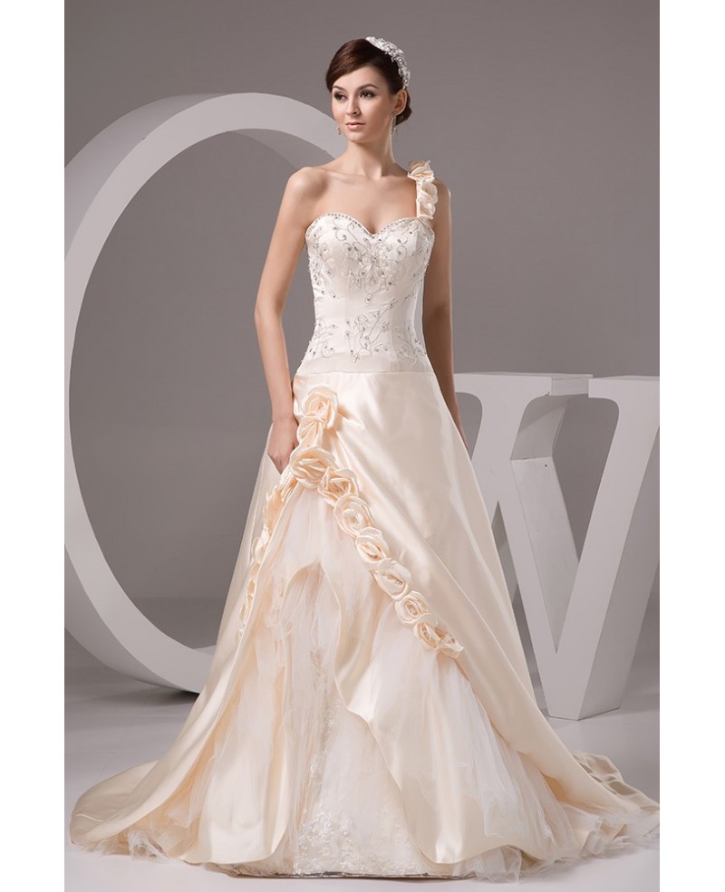 Champagne One Shoulder Embroidered Flowers Wedding Dress with Corset