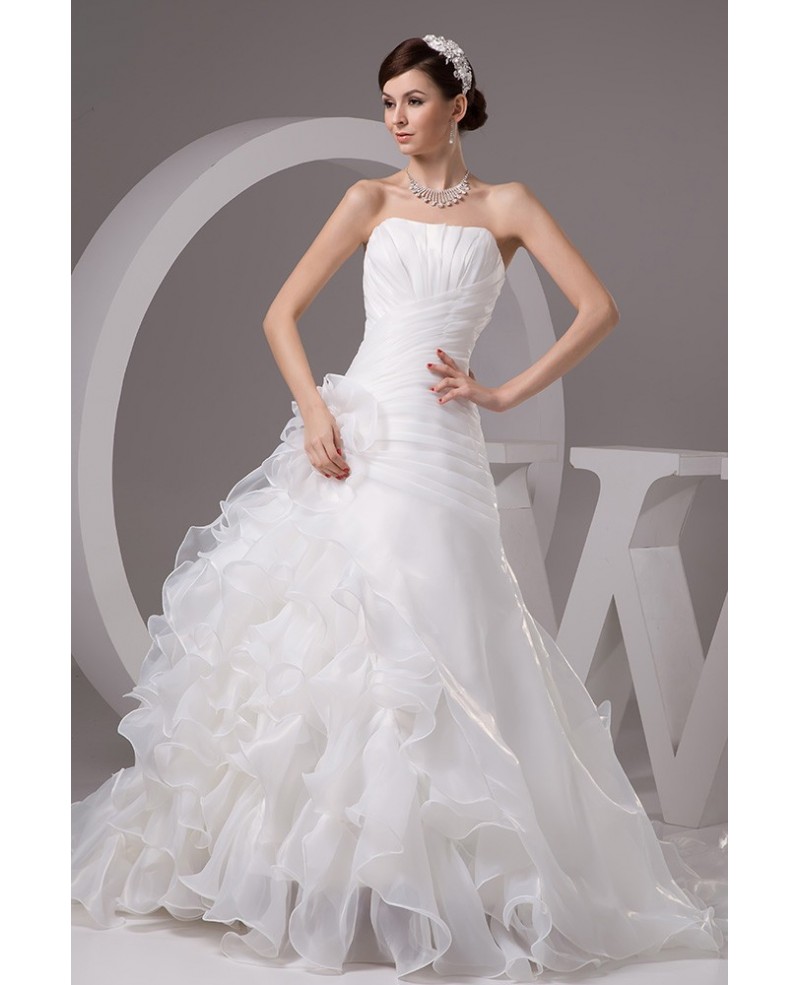 Organza Cascading Ruffles Pleated Wedding Dress Strapless - Click Image to Close