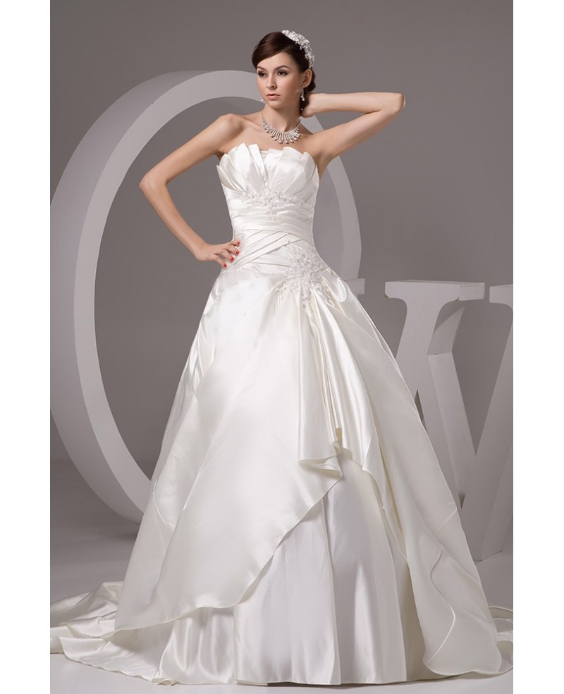Ivory Satin Pleated Ballgown Wedding Gown Custom with Lace Beading - Click Image to Close